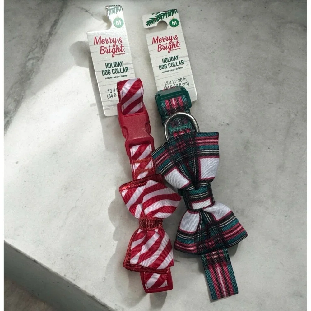 Lot Of 2 Merry & Bright Adjustable Christmas Red Green Dog‎ Sripes W/ Bow Sz M
